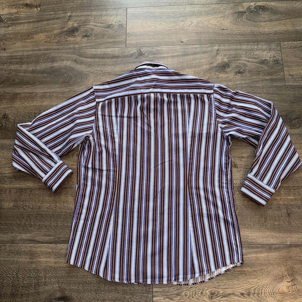 Bugatchi Uomo Mens Shirt Button Up Brown Striped Classic Fit Long Sleeve Sz L - Picture 10 of 11